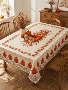 1pc-Autumn Maple Leaf Round Tablecloth, Beige Fall Table Cover With Orange Leaf Pattern, Elegant Harvest Printed Border For Thanksgiving Dinner Party Kitchen Decor - Multicolor - View 7