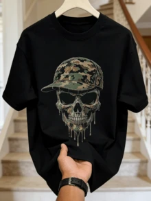 Herren Sommer Lässig Weiches Rundhals Kurzarm-Shirt, Camouflage Tropfen-Effekt Totenkopf mit Baseballkappe Street Hop Muster Grafik ist geeignet D - Schwarz - Übersicht 4