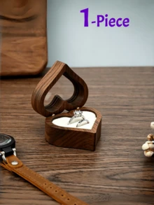 Wooden Jewelry Box, Black Walnut Engagement Ring, Necklace, Earring Storage Box, Vintage - Heart-shaped - White Lining - With Window - View 15