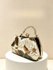 1pc Beaded Floral Leaf Embroidered Box Clutch, Sequin Handle Hard Shell Bag, Detachable Crossbody Chain, Elegant Wedding Bridal Evening Handbag - Apricot - View 16