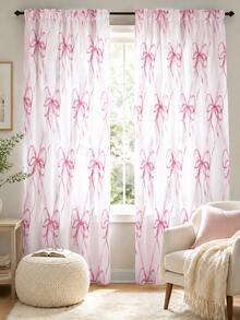 2pcs Watercolor Bow Ribbon Plaid Print Decorative Curtains, No-Drill Rod Pocket Design, Easy Installation And Removable, Polyester Material, Cream Color And French Style Girl Room Decor, Suitable For Bedroom, Office, Kitchen, Living Room, Study, Home Decoration. - Multicolor - View 7