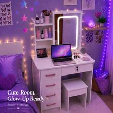 Vanity Desk Set With LED Lighted Mirror, Cute Y2K Makeup Vanity Table With Lockable Storage Drawer, Open Shelves & Matching Stool, Aesthetic Dressing Table For Girls Teens Women, Space Saving Bedroom Dorm Furniture, Perfect Gift For Her - White - View 7