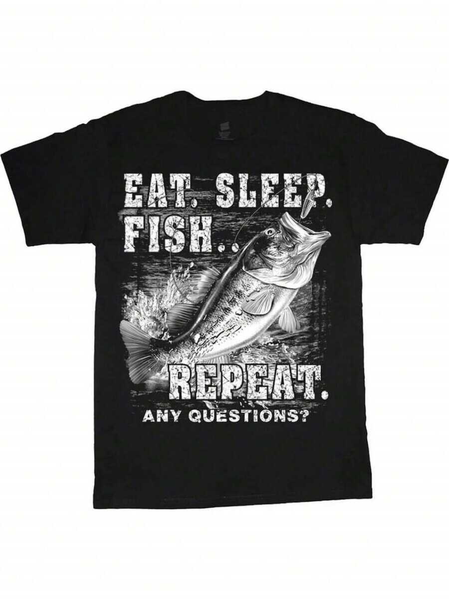 A Large Fish Leaping Out Of The Water Captures The Spirit Of Recreational Fishing And The Relentless Passion For This Hobby In This Ideal Men's T-Shirt. - 黑色 - 查看 1