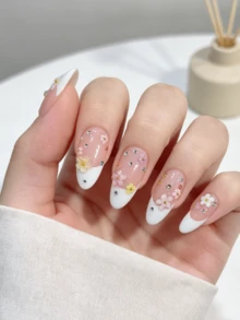 10 pièces Faux ongles à coller faits main blanc amande floral French Tip , Faux ongles réutilisables , Ensemble d'ongles acryliques faits main minimaliste et élégant , Ongles de mariage , Ongles mignons , Cadeau pour elle, Ongles essentiels, Ongles quotidiens, Strass Été 4 juillet Mariage Remise des diplômes - Blanc - Voir 2