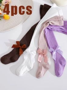 4 pares de mallas de punto acanalado para niñas, leggings de unicolor con lazo grande de satén suave, calcetines de baile elásticos versátiles para niños en primavera/otoño, combinan con vestidos, faldas plisadas JK, calcetines básicos para salidas de bebé - Multicolor - Ver 2