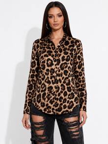 Women's Long-Sleeved Striped Linen Shirt In Colorful And Vibrant Leopard Print. - Leopard - View 2