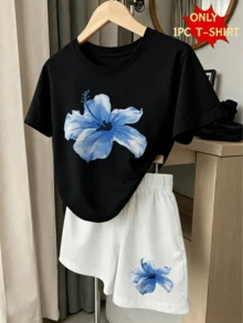 Toddler Girls Clothes Set, Men's 1 Pc T-Shirt For Girls, Creative Fashion For Little Girls With Refreshing Blue Floral Print - 黑色 - 查看 1