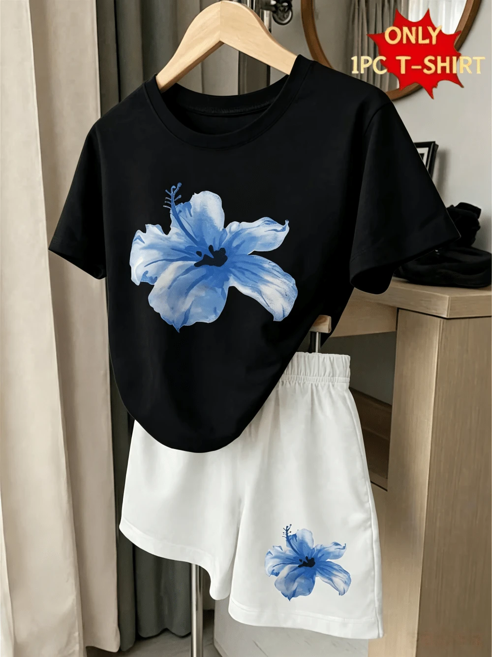 Toddler Girls Clothes Set, Men's 1 Pc T-Shirt For Girls, Creative Fashion For Little Girls With Refreshing Blue Floral Print - 黑色 - 查看 1