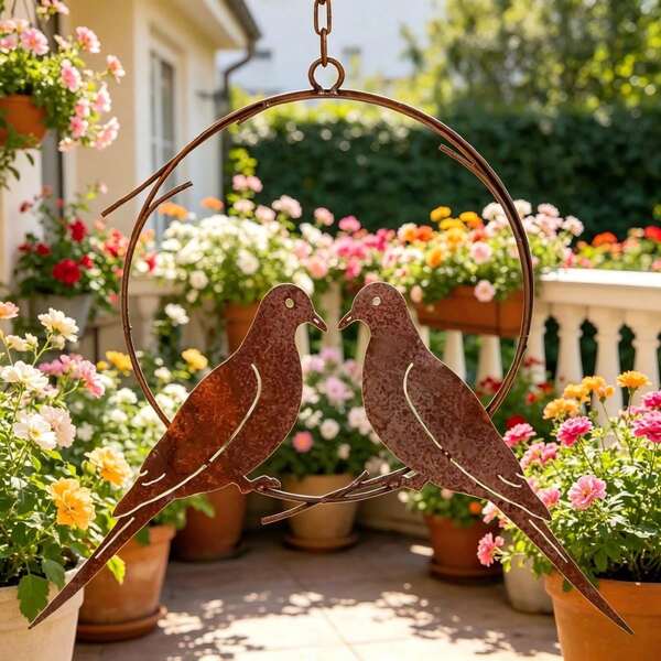 1pc Pastoral Couple Birds Hanging Decor, Distressed Rusty Texture Minimalist Hollow Line Design, Gently Swaying In The Breeze, Creating An Atmospheric Outdoor Garden Scene