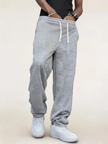 Pantalones de chándal casuales sueltos de unicolor con cordón en la cintura para hombres - Gris Claro - Ver 2