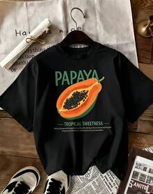 Linglong damt-t-shirt med rund hals och papayamönster, bekväm och trendig, perfekt för vår och sommar. - Svart - Visa 11