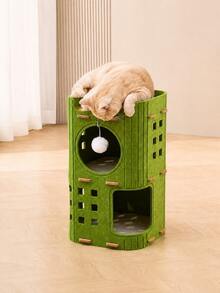 3-Tier Felt Cat Condo Tower With Scratching Function And Hanging Ball Toy, Space-Saving Indoor Cat House With Cozy Hiding Spot And Top-Level Resting Bed, Suitable For Multiple Cats, Modern Green Pet Furniture - Multicolor - View 3