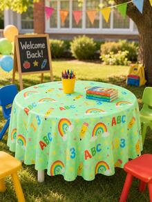 1pc-Back-To-School Cartoon Educational Tablecloth, Round And Rectangular Universal Washable Tablecloth, Green Background With Letter, Number, Rainbow Pencil Print, Suitable For Student Classroom Study Desks And Back-To-School Party Desktop Decoration - Multicolor - View 4