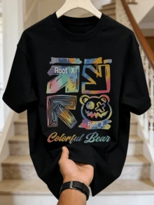 Herren Sommer Lässig weiches Rundhals Kurzarm-Shirt, bunter Graffiti Evil Bear Street Muster Grafik geeignet für den täglichen Gebrauch. - Schwarz - Übersicht 4