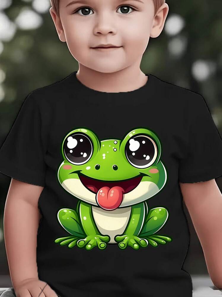 Baby Boy's Casual Short Sleeve T-Shirt With Cartoon Frog Print, Cute For Spring, Summer And Autumn - Black - View 1
