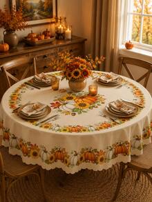 1pc-Fall Pumpkin Maple Leaf Round Tablecloth, Autumn Berry Vine Table Cover With Cream Background, Scalloped Lace Style Edge For Thanksgiving Home Dining Decor - Multicolor - View 3