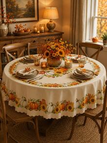 1pc-Fall Pumpkin Maple Leaf Round Tablecloth, Autumn Berry Vine Table Cover With Cream Background, Scalloped Lace Style Edge For Thanksgiving Home Dining Decor - Multicolor - View 4