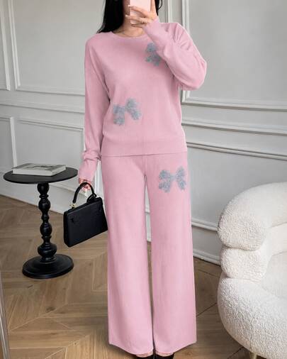 Women's Knit Set With Sparkly Bows, Sweater And Wide-Leg Pants, Round Neck, Long Sleeves, Pink Color, Sweet Elegant Style, Ideal For Home And Outings
