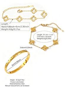 VceTd 1 Set Fashionable Clover Stainless Steel Jewelry Set Suitable For Women's Fashion Commute Or Daily Wear - Yellow Gold - View 13
