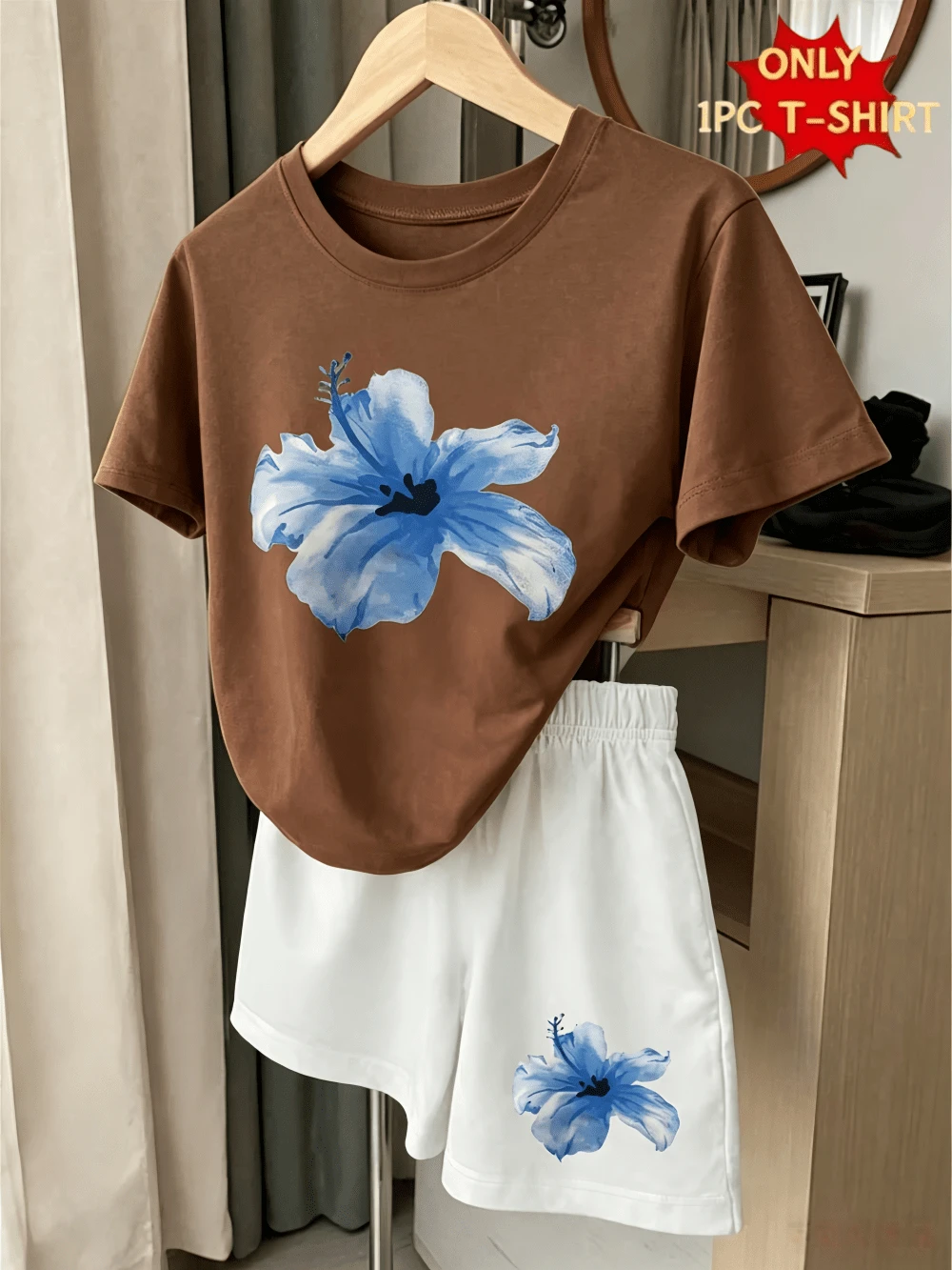 Toddler Girls Clothes Set, Men's 1 Pc T-Shirt For Girls, Creative Fashion For Little Girls With Refreshing Blue Floral Print - Brown - View 1