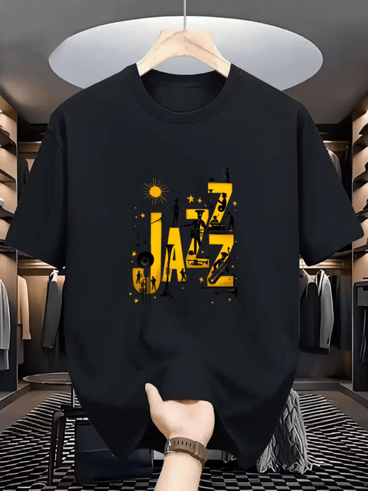 Arte de músicos tocando jazz con notas y trompeta transmite ritmo y pasión camiseta de hombre casual moderna cómoda para uso diario - Negro - Añade 1