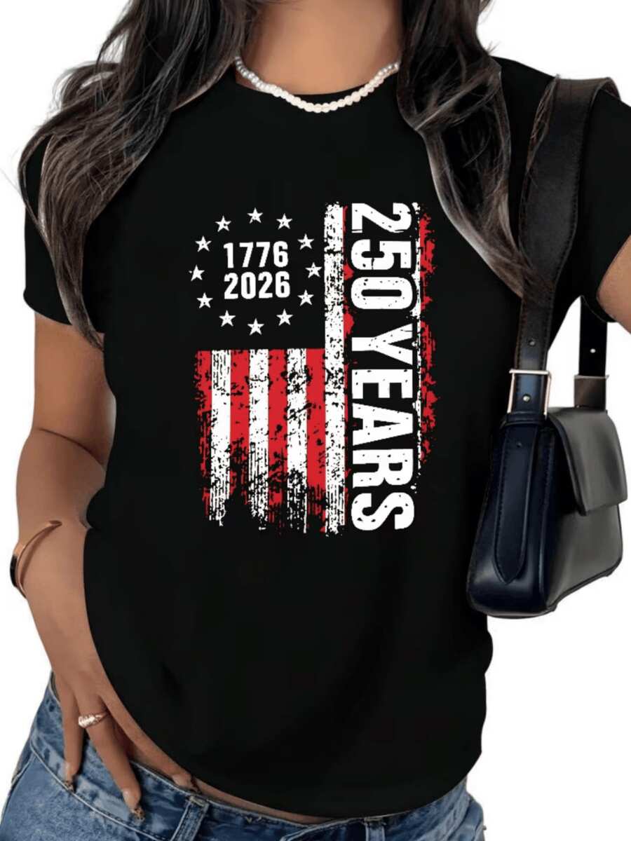 American Flag With Aged Effect Celebrates 250 Years Of Independence From 1776 To 2026 Modern Casual Women's T-Shirt - 黑色 - 查看 1