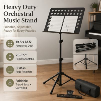 Heavy Duty Orchestral Music Stand – Folding Adjustable Sheet Stand With Tripod Base For Musicians (UK)