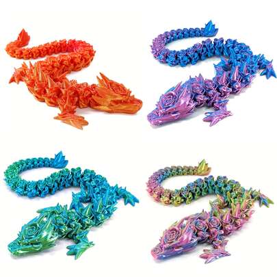 Holographic Laser 3D Rose Dragon Set 4pcs, Rose Dragon Body With 3D Carved Design, Full Body Segmented And Poseable, Highly Attractive Desktop Decoration, Stress Relief Toy For Adults And Kids, Valentine's Day Christmas Gift Souvenir