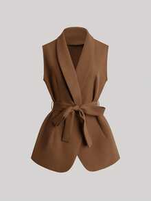Women's Summer Set: Elegant, Minimalist Solid Brown Sleeveless Wrap-Waist Peter Pan Collar Blouse And High-Waisted Straight-Leg Pants - Brown - View 2