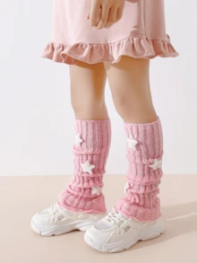 2 Pairs Girls Gentle Pink & White Star Sequin Ruffle Leg Warmers, Vertical Ribbed Knit Children's Long Leg Warmers, Sweet Style Daily Outfit Decorative Leg Covers - Multicolor - View 4