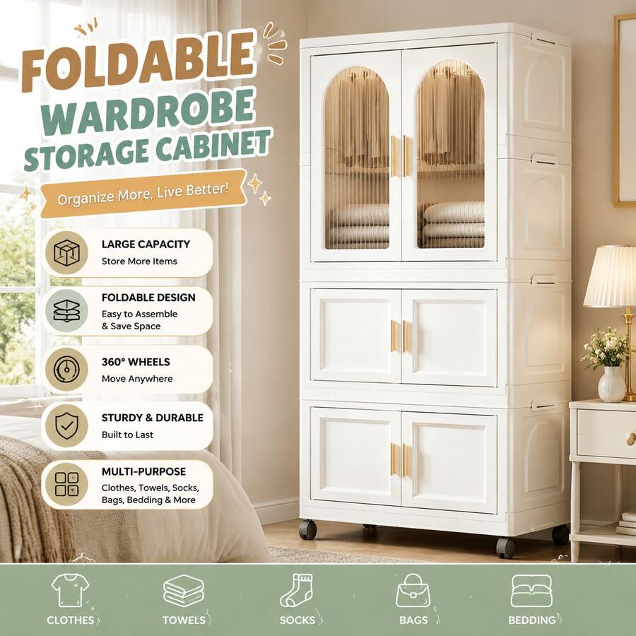 Foldable Wardrobe Storage Cabinet With Wheels, Large Capacity Portable Clothes Organizer For Clothes Towels Socks Bags Bedding, Rolling Closet Storage Unit For Bedroom Living Room Dorm, Space Saving Design, Fast US Local Delivery - 彩色 - 查看 1