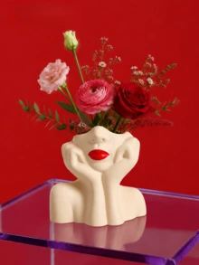 1件紅色嘴唇臉部裝飾花瓶，藝術肖像花瓶，現代雕塑花瓶，適合客廳、臥室、桌面、書架家居裝飾 - Beige & Red Lips - 查看 8