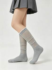 1/4 Pair Summer Thin Minimalist Versatile Solid Color Breathable Frill Trim Slouch Knee-High Socks - Multicolor - View 7