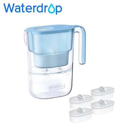 Waterdrop Elfin vattenfilterkanna med 3-månadersfilter, 2,5 l, filter för att minska kalk, klor, bly och koppar i vatten, 1X inbyggt originalfilter + 3X extra filter (ersättningsfilter: WD-PF-01A Plus)