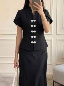Damen Frühling/Sommer elegante neue chinesische Stil Froschknopf Stehkragen Kurzarm Bluse, Weiß Kontrast Froschknopf Schwarz - Schwarz - Übersicht 3