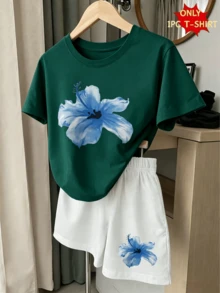 Toddler Girls Clothes Set, Men's 1 Pc T-Shirt For Girls, Creative Fashion For Little Girls With Refreshing Blue Floral Print - 綠色 - 查看 1