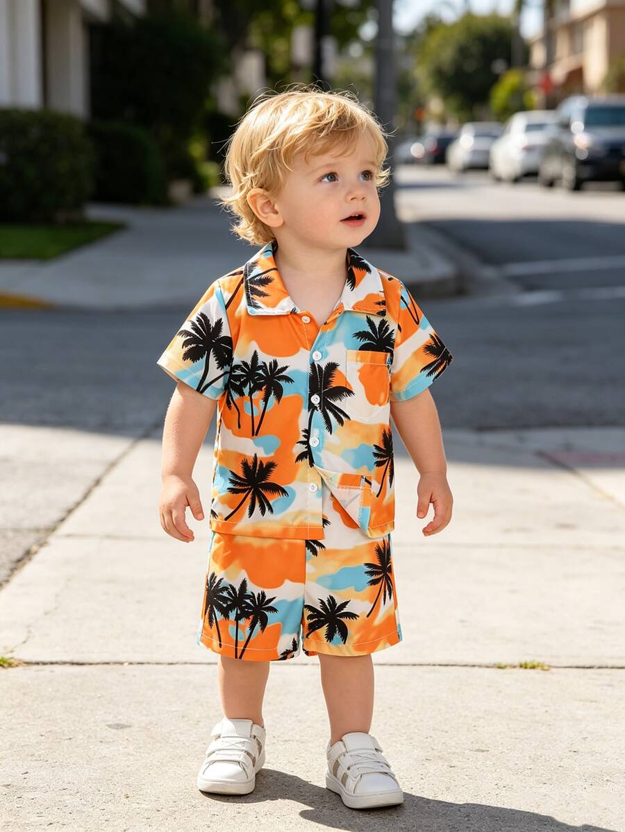 2pcs/Set, Little Boy, Soft & Comfortable, Casual & Cute, Coconut Palm Print Shirt And Sports Shorts, Boys Outfit, Boys Clothing, Boys Summer Clothing, Suitable For Daily Wear, Vacation, Party, Outdoor Activities - Multicolor - View 1