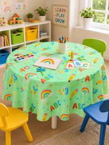 1pc-Back-To-School Cartoon Educational Tablecloth, Round And Rectangular Universal Washable Tablecloth, Green Background With Letter, Number, Rainbow Pencil Print, Suitable For Student Classroom Study Desks And Back-To-School Party Desktop Decoration - Multicolor - View 6