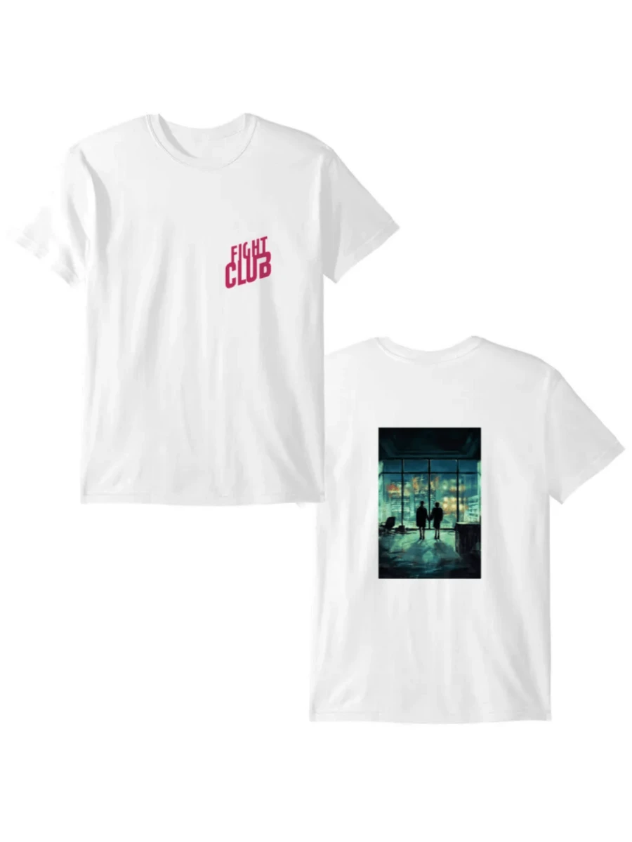 Dos figuras contemplan una ciudad iluminada desde un ventanal simbolizando caos y libertad camiseta de hombre con impresión doble moderna y urbana - Blanco - Ver 1