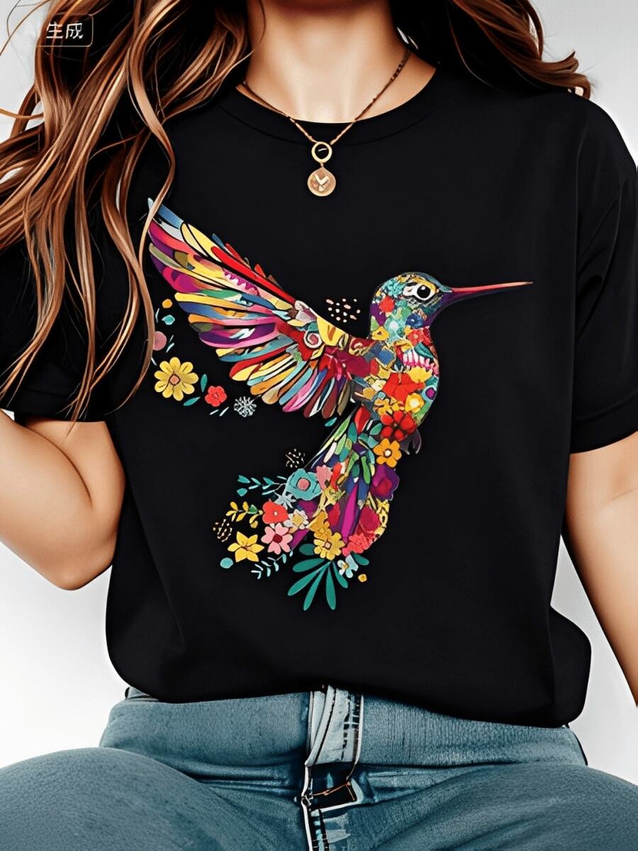 Artistic Floral Hummingbird Stitching Fashion Print Casual Plus Size T-Shirtnacional envio mujer,blusas para mujer>manga largo - Negro - Ver 1