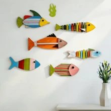 6pcs Set - Mediterranean Style Vintage Fish Wall Decor, Fish-Shaped Wall Hanging Decoration, Wooden Fish School Wall Art, Suitable For Bathroom, Bedroom, Living Room, Model Home, B&B, Hotel, Wooden Wall Decor - 111 - View 6