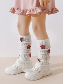 2 Pairs Girls Gentle Pink & White Star Sequin Ruffle Leg Warmers, Vertical Ribbed Knit Children's Long Leg Warmers, Sweet Style Daily Outfit Decorative Leg Covers - Multicolor - View 7