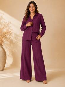 Women's Viscose Linen Set: Long-Sleeved Shirt With Buttons + Lined Wide-Leg Pants. Lightweight And Breathable Fabric. Elegant Casual Look For Work, Outings, And Everyday Wear. - 酒紅色 - 查看 3