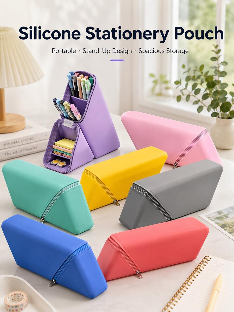 This Silicone Stationery Storage Bag Features A Zipper Closure And Diamond Pattern Design, Suitable For Desktop Storage And Portable Carry, A Minimalist Multifunctional Pencil Case, An Essential Back-To-School Item For Students