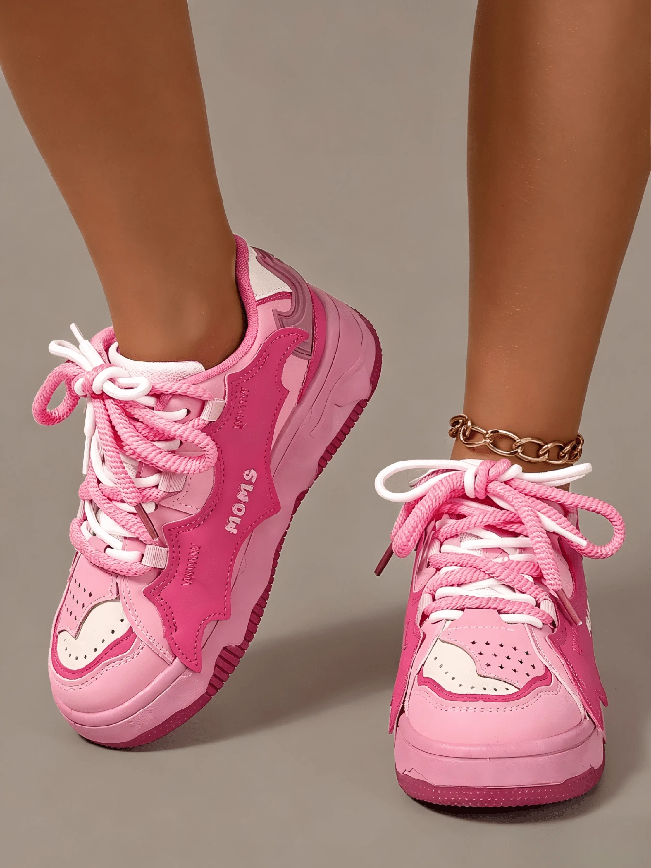 Women's Lace Up Shoes, Round Toe Thick Soled Shoes, European And American Style Sports Shoes, Fashionable Sports Shoes, Color Matching Sports Shoes - 玫瑰紅 - 查看 1