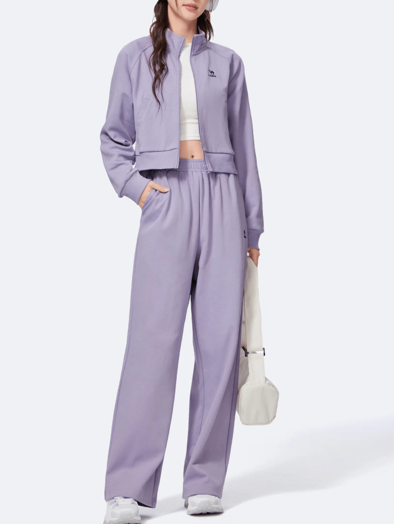 CAMEL CROWN Women's Spring/Autumn New Cotton Casual Jacket & Pants Set, Stand Collar Sweatshirt Sportswear 2 Pieces Set - Waffle Purple - View 1