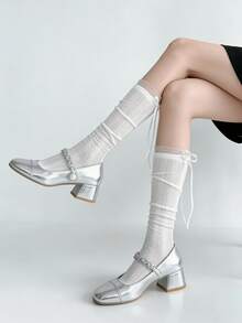 1/2/4/5/6 Pairs Spring/Summer Thin Sweet Versatile Ballet Style Bow Hollow Out Slouch Socks - Multicolor - View 10