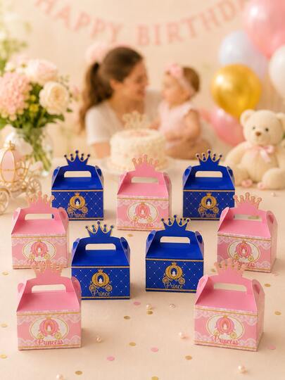 2/12 piezas Cajas de regalo con corona de princesa y príncipe con asas, cajas de dulces reales rosa y azul para fiesta de cumpleaños, baby shower, suministros para celebración navideña