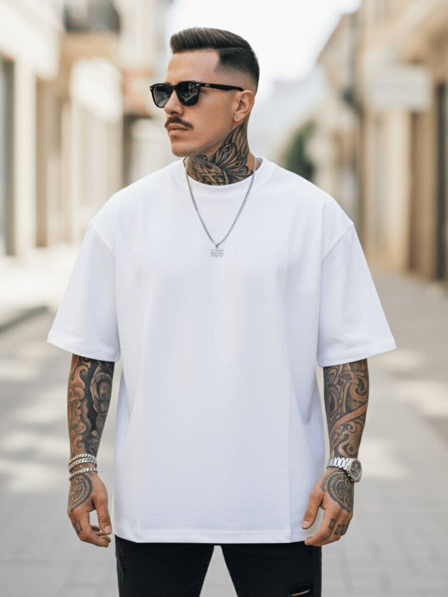 Men's Oversized Black T-Shirt, 100% Pure Cotton: Classic Crew Neck, Drop Shoulder, Wide Cut, Soft And Comfortable. Ideal For Streetwear, Hip Hop, Gym Wear, And Everyday Use. YMPP - 白色 - 查看 1