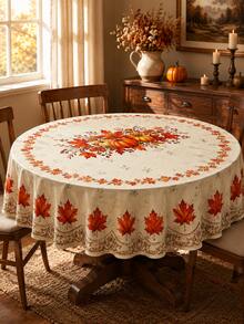 1pc-Autumn Maple Leaf Round Tablecloth, Beige Fall Table Cover With Orange Leaf Pattern, Elegant Harvest Printed Border For Thanksgiving Dinner Party Kitchen Decor - Multicolor - View 3
